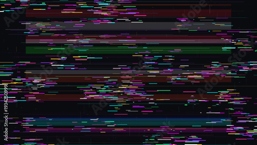 Abstract glitch vector background with digital distortion effect and noise. Premium cyber pattern for technology projects, electronic signal error texture on black bg. High quality data corruption.