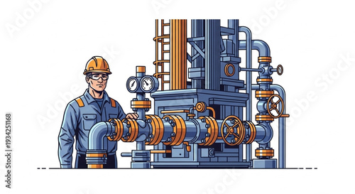 Industrial worker standing next to complex machinery and pipes.