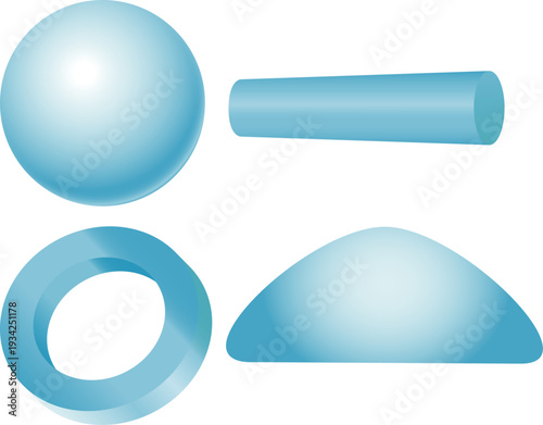 ブルーグラデーションの立体幾何学オブジェクトセット　球体・円柱・ドーナツ型・半球を組み合わせたモダンな3D抽象デザイン素材