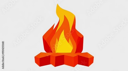 Low poly campfire icon, sharp geometric shapes, warm tone colors, slow moving fire animation, clean and modern look.