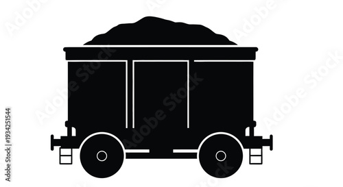 Black silhouette of a mine cart filled with ore on a white background