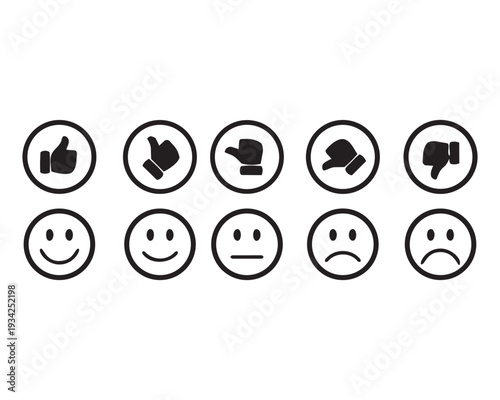 Minimal Feedback Icon Set Featuring Thumbs and Smileys in Circular Frames for Rating, Review, and UI Design
