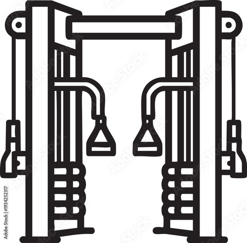 Black and white illustration of a cable machine in a gym setting