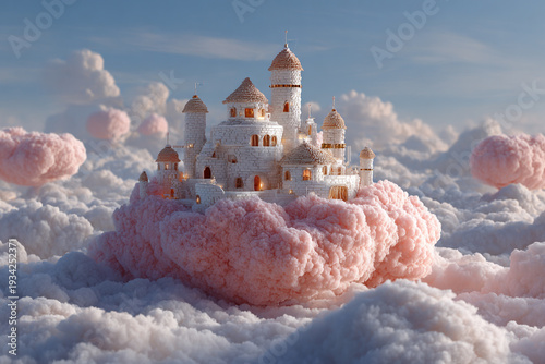 Dreamy white castle perched atop fluffy pink marshmallow clouds, creating a surreal fairytale kingdom in a soft blue sky.