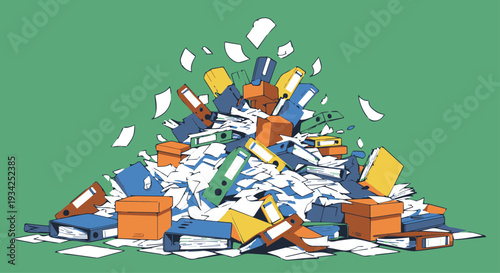 A vibrant illustration of a chaotic pile of colorful office supplies and paper on a green background, symbolizing disorganization and creativity.