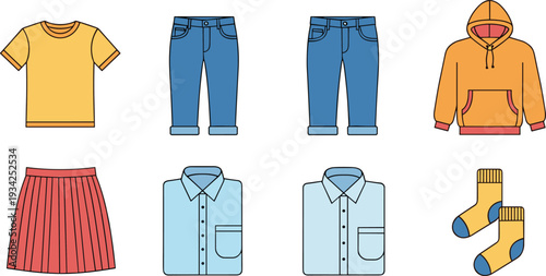 Clothing illustration featuring t-shirt, jeans, hoodie, skirt, collared shirt, socks, and casual apparel items, showcasing fashion design and wardrobe organization