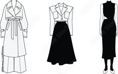 Fashion illustration featuring trench coat with wide pants, cropped jacket with midi skirt, and sleeveless dress, showcasing diverse women’s apparel styles and silhouettes