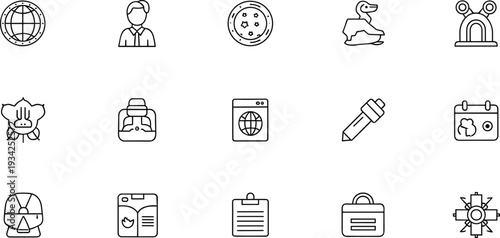 Icon illustration featuring globe, person, petri dish, duck, snail house, flower, backpack, browser window, eyedropper, calendar, book, clipboard, briefcase, and gear