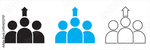 Human efficiency Team Growth Arrow Line Chart Icon. Showing team members beneath rising arrow graph, symbolizing business growth, leadership, performance improvement and corporate success.