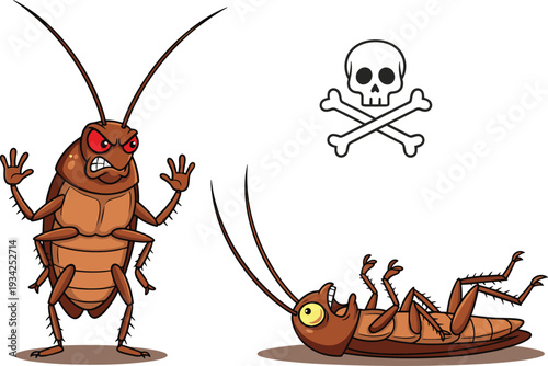 Cartoon cockroach character set, dead and alive insect illustration, pest control concept, funny bug mascot, isolated white background