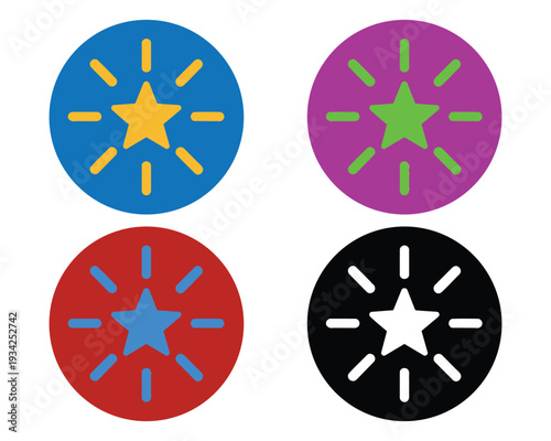 Colorful Starburst Icon Set with Central Star Motif and Radiating Lines in Four Bold Variants for Achievement and Branding Themes