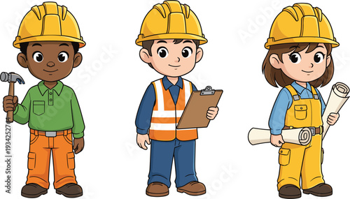 Cute construction worker kids, cartoon builders in hard hats, diverse children engineers illustration, safety gear, future career concept