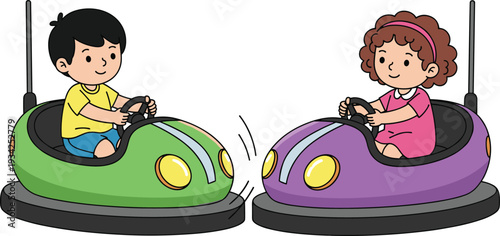 Cute kids driving bumper cars, colorful cartoon illustration, happy children amusement park ride, fun fair attraction, playful carnival scene