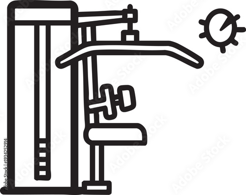 Line art illustration of a weightlifting machine in a gym setting