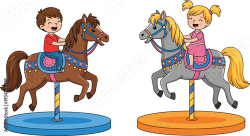 Cute kids riding carousel horses, colorful cartoon illustration, happy children amusement park ride, playful fair theme, isolated white background