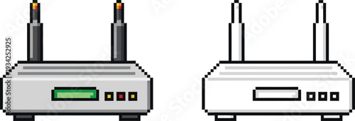 Pixel art illustration of two wireless internet routers, one colored and one outline version, featuring dual antennas and front panel indicators.