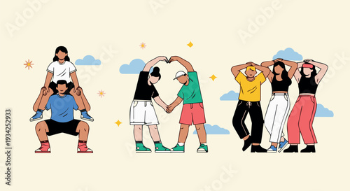 Diverse group of young people forming supportive human chain with hands and backs, conveying teamwork, friendship, and solidarity in a colorful illustration with clouds and stars.