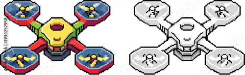 Isometric pixel art illustration of a colorful quadcopter drone and its grayscale outline version.