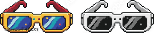 Two pairs of pixel art glasses, one with gold frames and red arms, the other with silver frames, featuring reflective lenses.