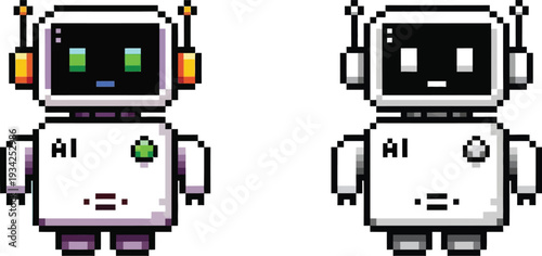 Two pixel art robots, one in color with green eyes and a blue mouth, and the other in grayscale, both featuring 'AI' on their chests and antennae.