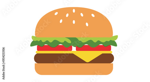 A colorful flat design illustration of a classic cheeseburger with sesame seeds