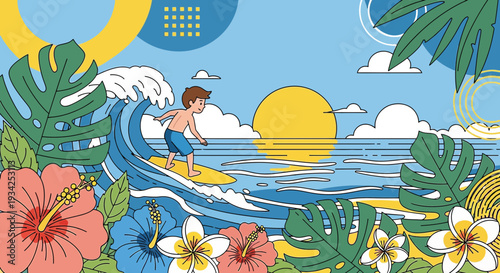 Surfer Riding Wave Tropical Beach Summer Vacation Fun