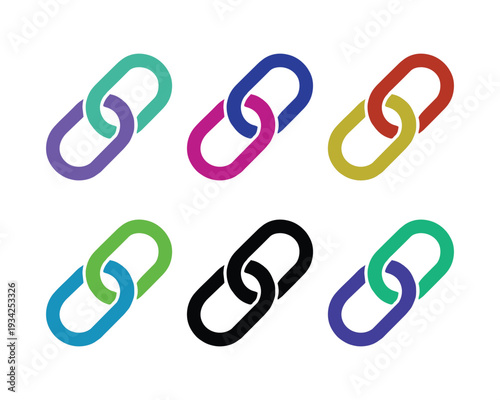 Colorful Link Icon Set with Interlocking Chain Motifs in Six Bold Variants for Digital, Branding, and Connectivity Themes