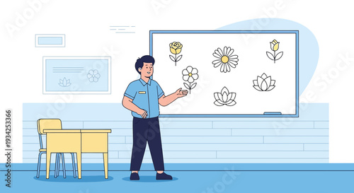 Teacher Explaining Flower Types on Whiteboard in Classroom