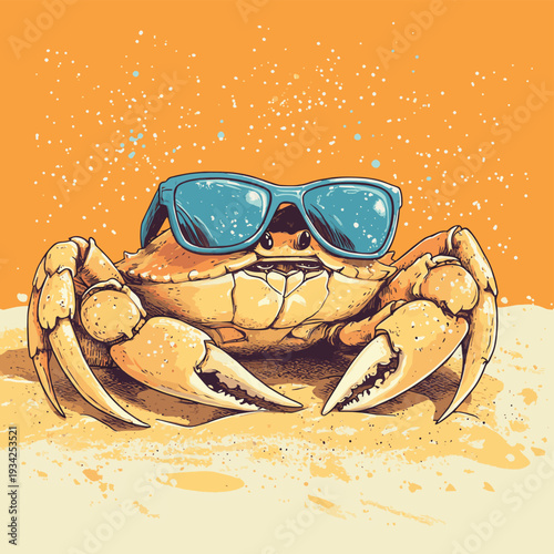 Crab Wearing Blue Sunglasses Relaxing on a Sandy Beach, vector style simple color