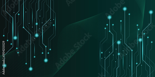 Futuristic Green Technology Circuit Board Background with Glowing Digital Lines and Abstract Data Wave, Modern Cyber Security and Artificial Intelligence Concept Banner