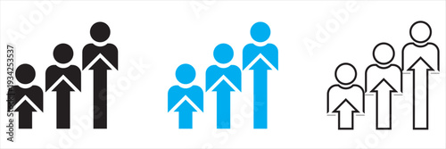 Human efficiency Team Growth Arrow Line Chart Icon. Showing team members beneath rising arrow graph, symbolizing business growth, leadership, performance improvement and corporate success.