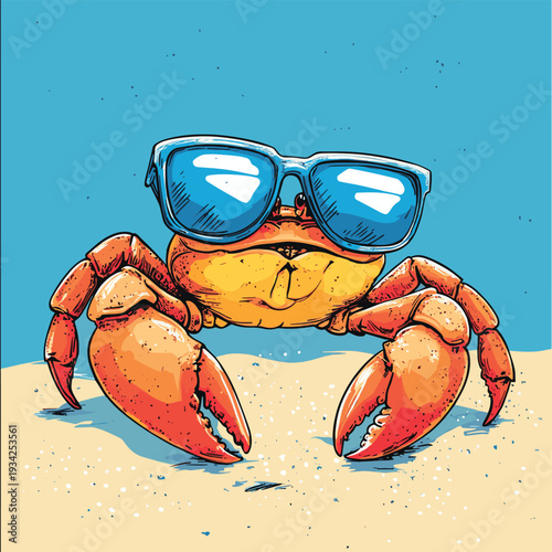 Crab Wearing Blue Sunglasses Relaxing on a Sandy Beach, vector style simple color