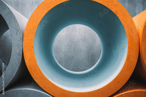 Brightly colored blue and orange concrete pipes stacked in an industrial storage area showing circular geometric patterns and texture details