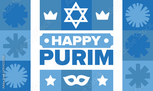 Purim. Happy Purim. Traditional Jewish religious holiday. Star of David, Carnival mask. Israel history. Сelebrated by a masquerade and festival. Poster art. Vector illustration