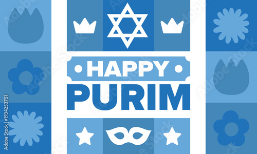 Purim. Happy Purim. Traditional Jewish religious holiday. Star of David, Carnival mask. Israel history. Сelebrated by a masquerade and festival. Poster art. Vector illustration