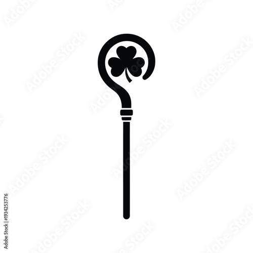 Saint Patrick's Day bishop staff with shamrock icon vector, black silhouette illustration