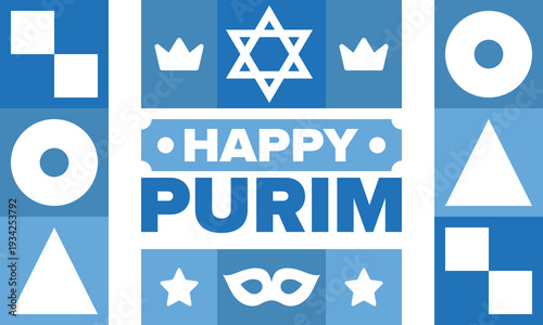 Purim. Happy Purim. Traditional Jewish religious holiday. Star of David, Carnival mask. Israel history. Сelebrated by a masquerade and festival. Poster art. Vector illustration