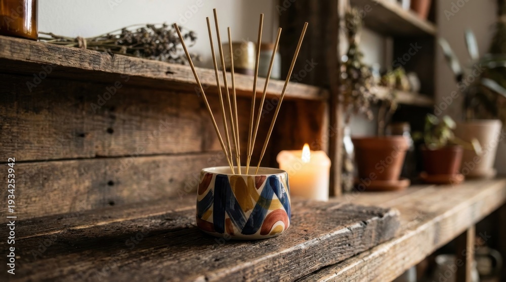 Obraz premium Vibrant hand-painted ceramic incense holder with aroma sticks and warm candle glow on a wooden shelf
