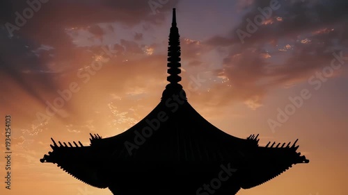Silhouette of a traditional temple pagoda roof at sunset horizon