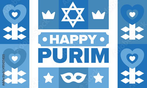 Purim. Happy Purim. Traditional Jewish religious holiday. Star of David, Carnival mask. Israel history. Сelebrated by a masquerade and festival. Poster art. Vector illustration