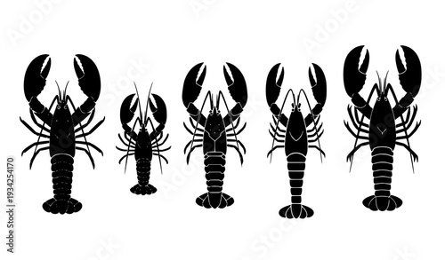 Lobster Black Silhouette Vector Set Marine Seafood Icon Variations Isolated on White Background