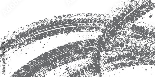 Grey tire tracks splattered on white background grunge