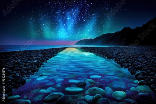 Ethereal night sky with glowing stars and aurora borealis, tranquil river flowing over smooth pebbles to the ocean