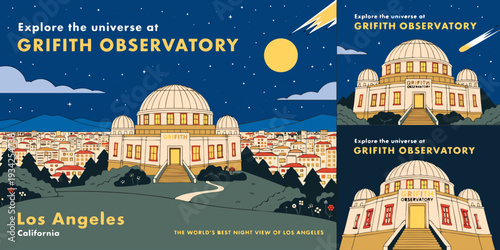 Set of cards banner, card, flyer - Set of cards “Griffith Observatory at night, city lights, ultra-wide flat vector, cinematic composition banner, card, flyer

