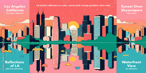 Set of cards banner, card, flyer - Set of cards “LA skyline reflection on water, sunset pink-orange gradient, ultra-wide flat vector banner, card, flyer

