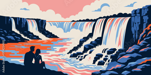 Set of cards banner, card, flyer - Romantic couple silhouette at Niagara Falls, panoramic flat vector
