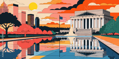 Set of cards banner, card, flyer - Lincoln Memorial at sunset, reflecting pool, panoramic flat vector
