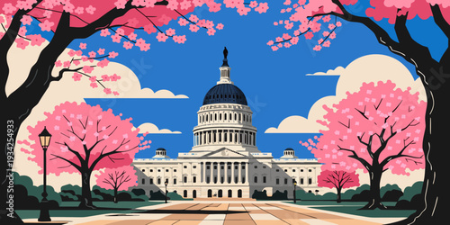 Capitol Building with Cherry Blossoms | Ultra‑Wide Flat Vector Illustration Card Set | USA US United States Landmark Art | Minimalist Washington DC Banner, Flyer, Postcard Designs