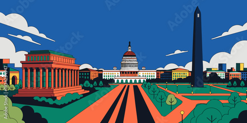 National Mall Aerial View at Dusk – Panoramic Flat Vector Ultra‑Wide Illustration | USA US U.S. United States Banner, Card & Flyer Design