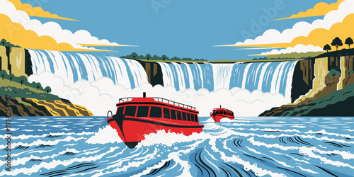 Tourist Boats at Niagara Falls – Panoramic Flat Vector Ultra‑Wide Illustration | USA US U.S. United States Banner, Card & Flyer Design